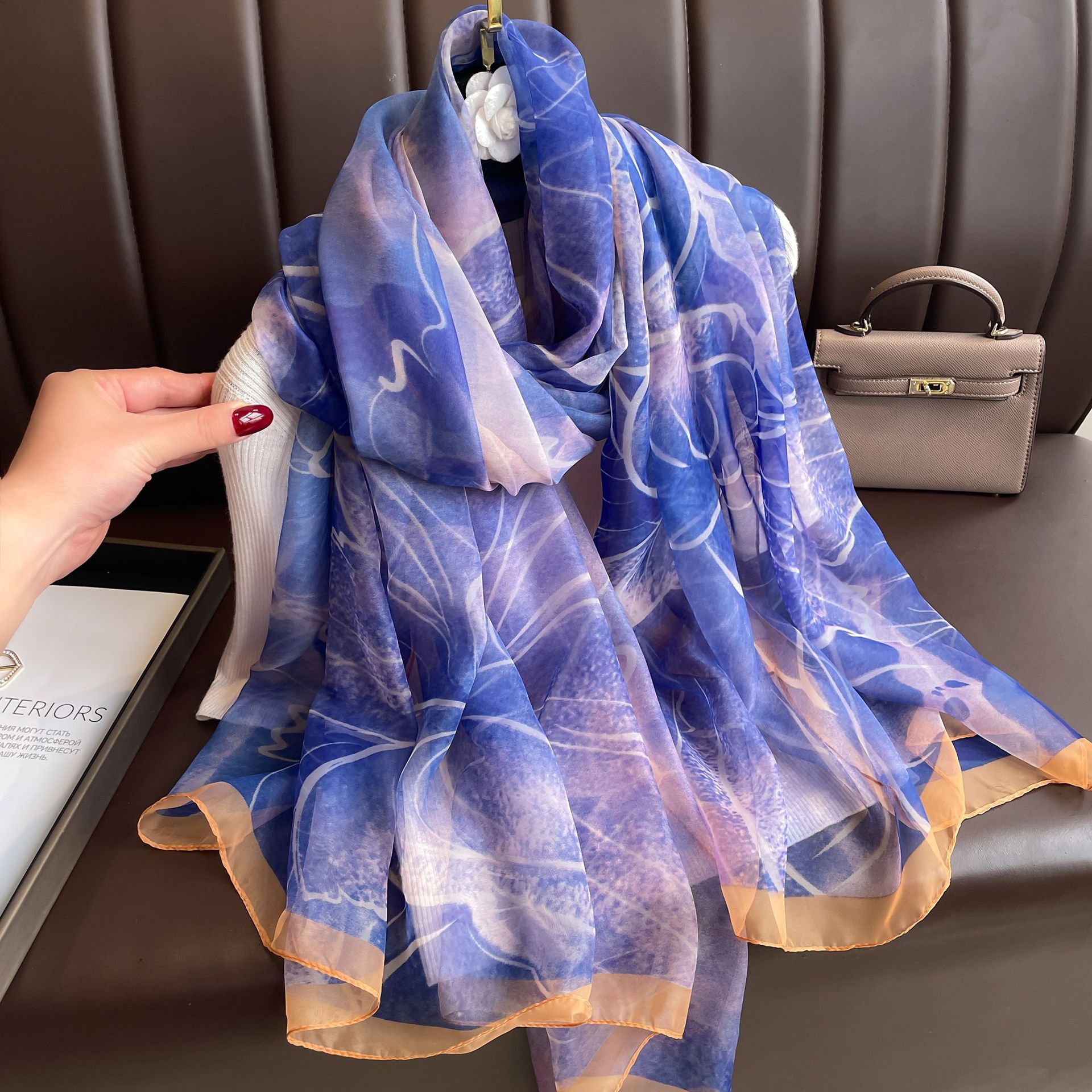 Youshou Silk Scarf Sun Protective Shawl Thin Long Style With Print