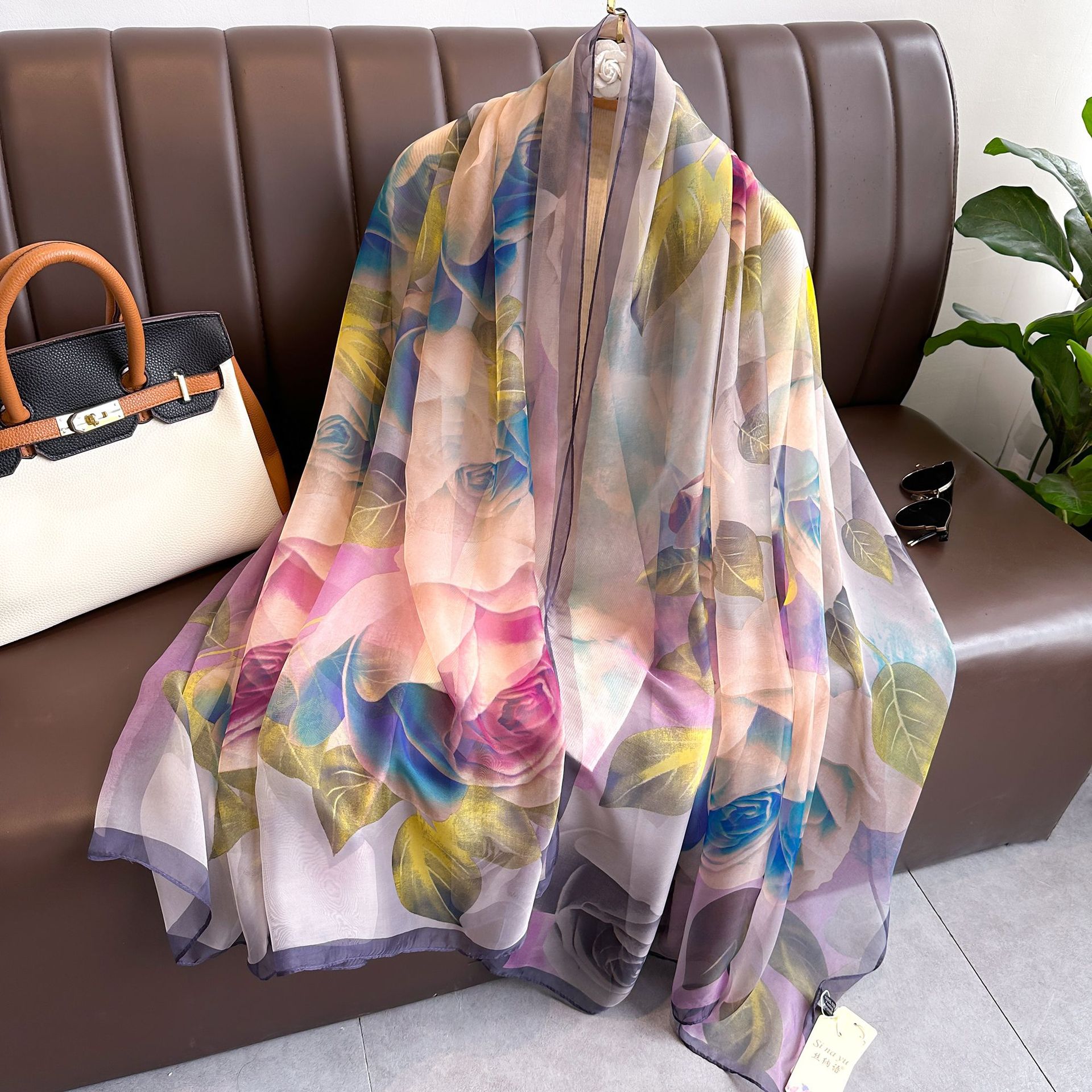 Youshou Silk Scarf Sun Protective Shawl Thin Long Style With Print