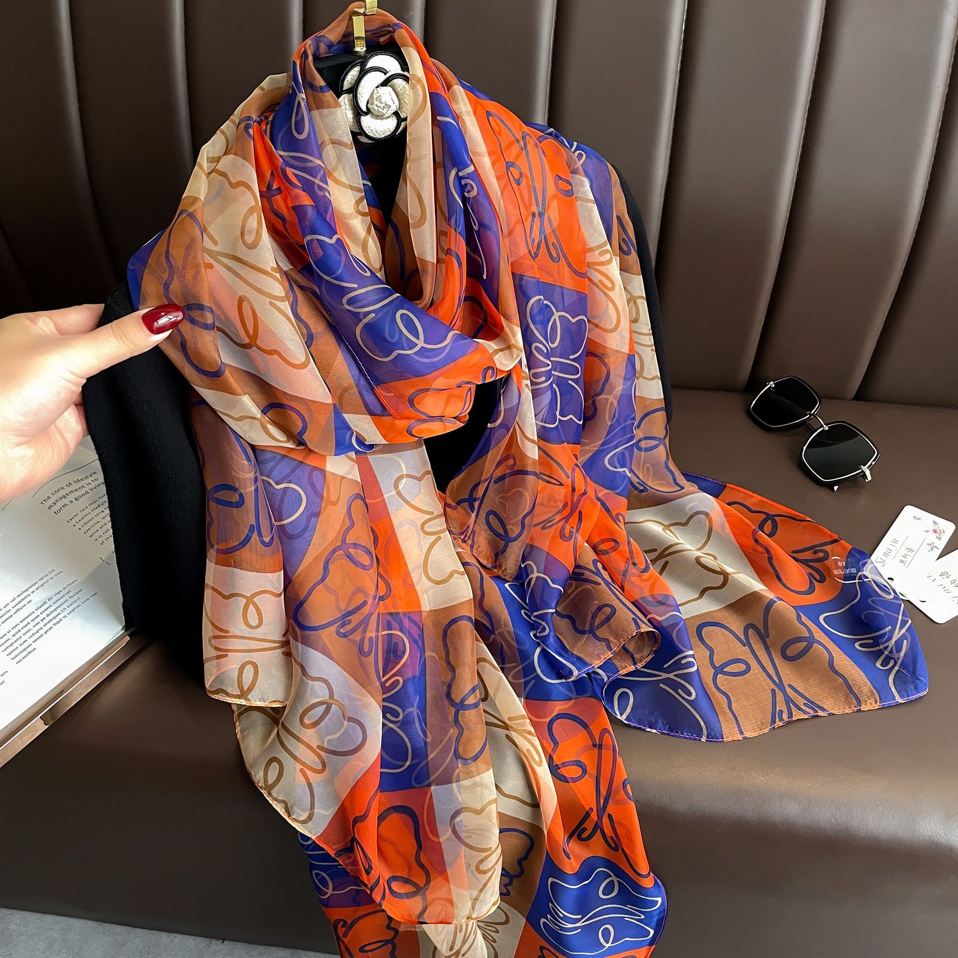 Youshou Silk Scarf Sun Protective Shawl Thin Long Style With Print