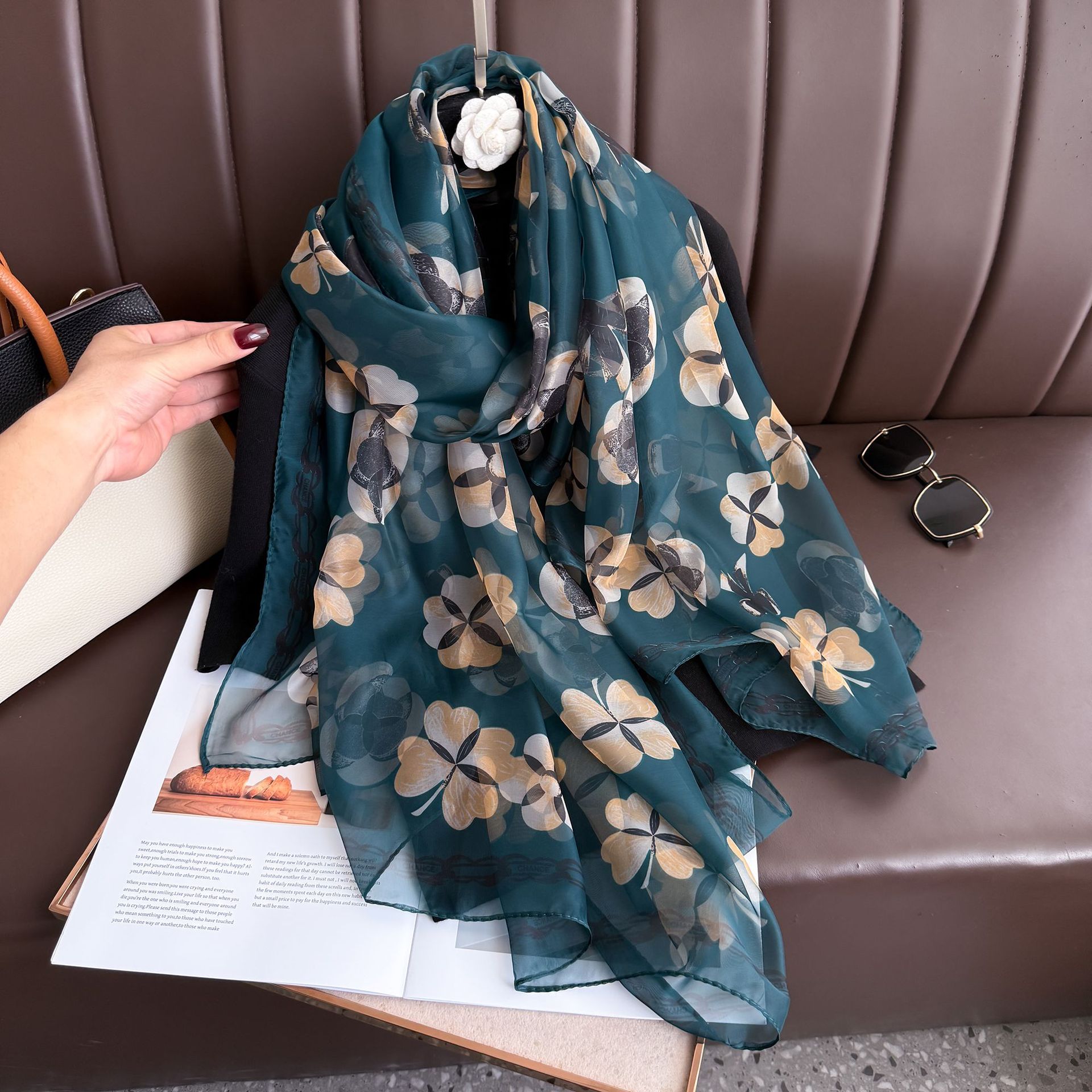 Youshou Silk Scarf Sun Protective Shawl Thin Long Style With Print