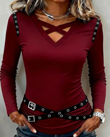 Women's Casual V-Neck Top With Metal Strap Detailing