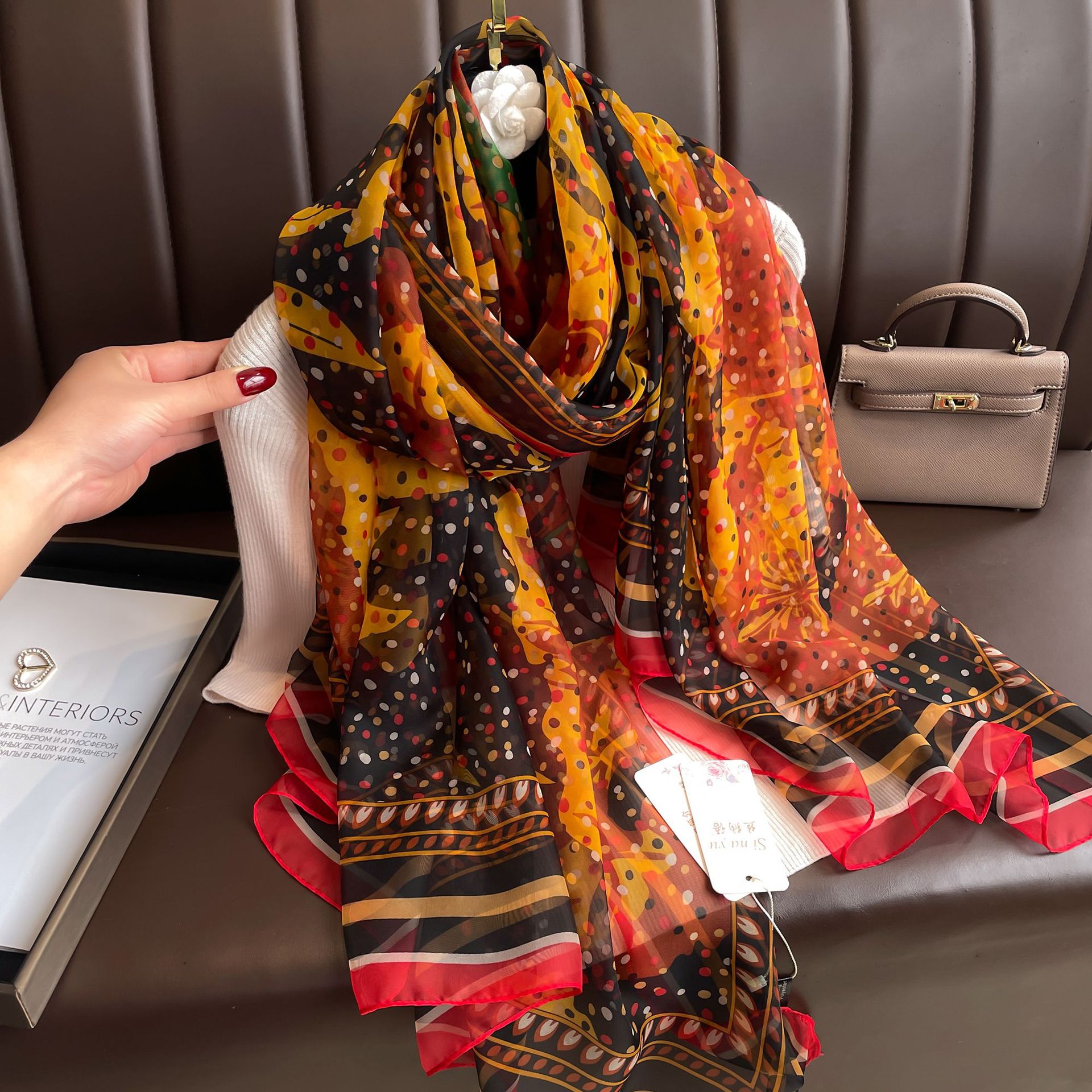 Youshou Silk Scarf Sun Protective Shawl Thin Long Style With Print