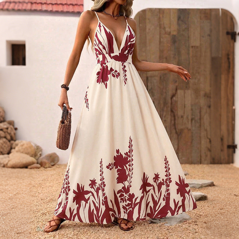 Retro Resort-Style Floral Print Strap Backless Maxi Dress