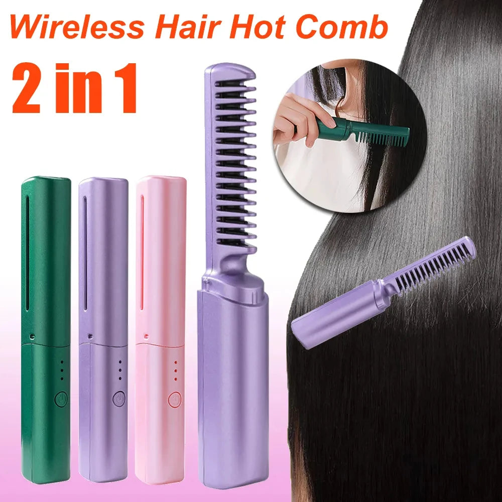 Professional Wireless Hair Straightener & Curler - Fast Heating Styling Brush