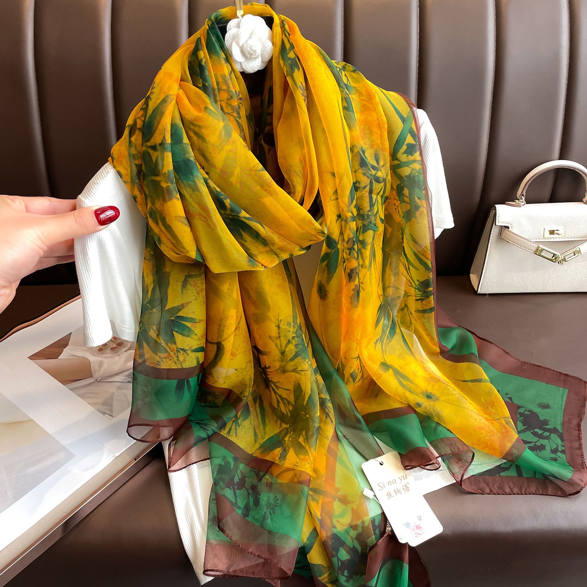 Youshou Silk Scarf Sun Protective Shawl Thin Long Style With Print