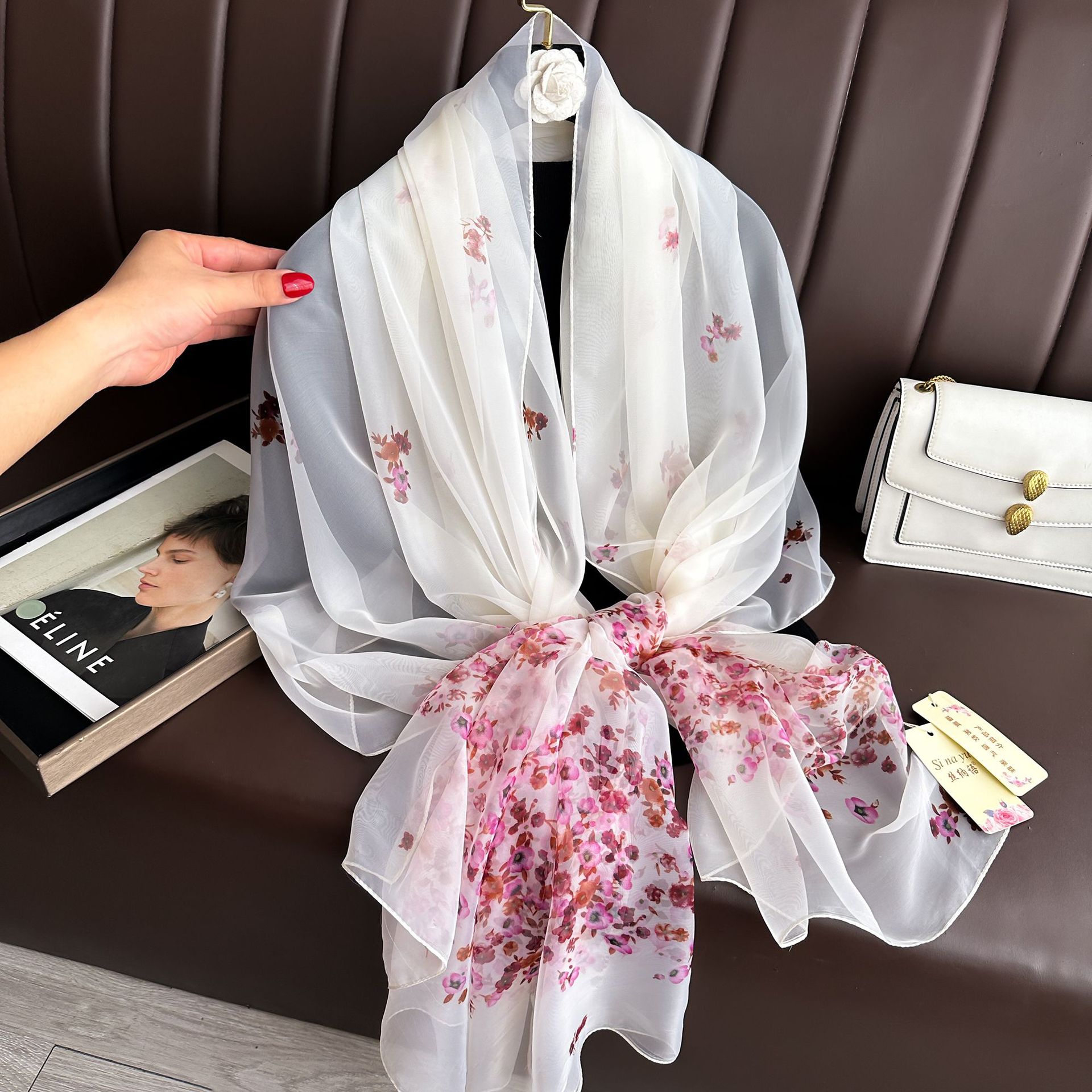 Youshou Silk Scarf Sun Protective Shawl Thin Long Style With Print