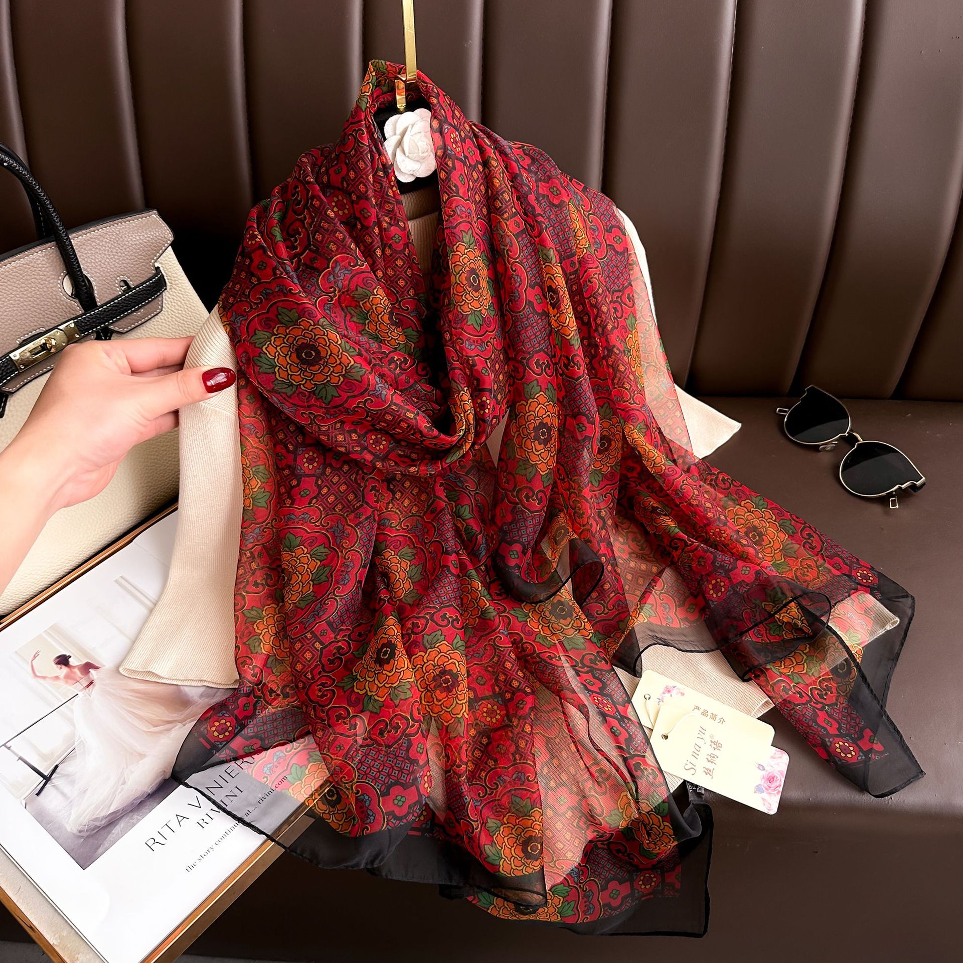 Youshou Silk Scarf Sun Protective Shawl Thin Long Style With Print